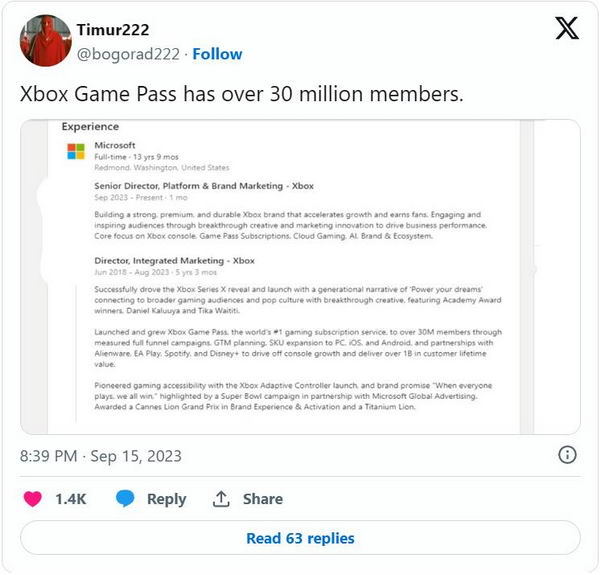 Linkedin简介披露了微软的Xbox Game Pass会员数量插图1