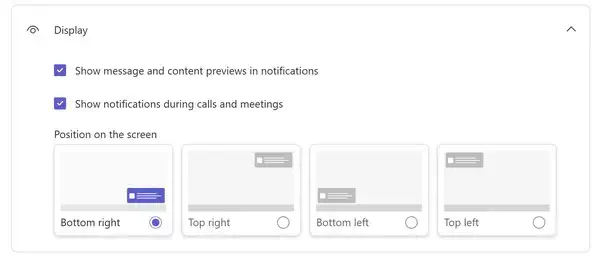 Microsoft Teams 新增可自定义通知位置的功能