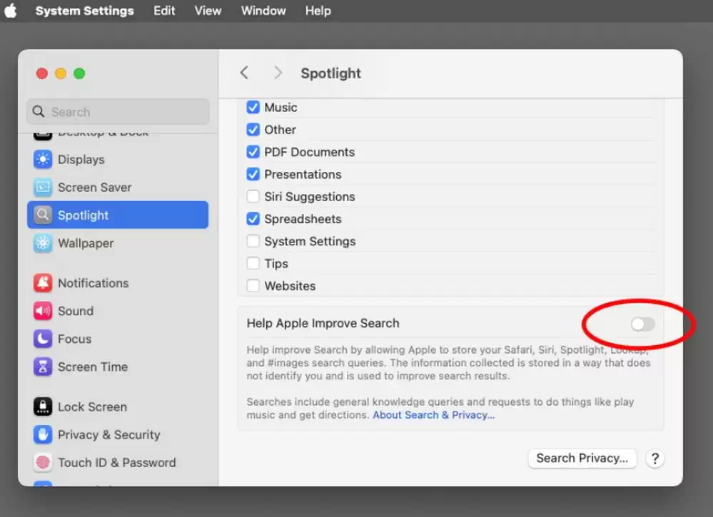 在系统设置中关闭向 Apple 发送搜索数据