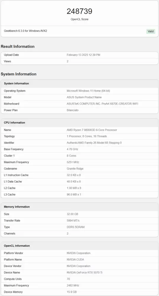 英伟达 GeForce RTX 5070 Ti “OpenCL” 性能泄露