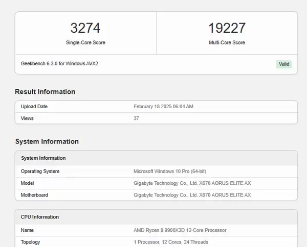 AMD Ryzen 9 9900X3D Geekbench 跑分