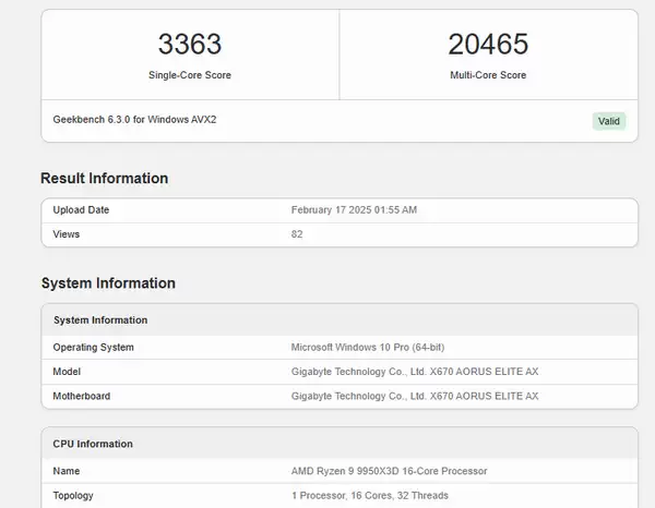 AMD Ryzen 9 9950X3D Geekbench 跑分