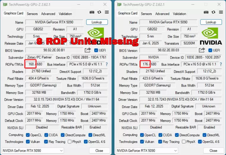 传部分 Nvidia RTX 5090 可能存在缺陷：ROP 较低导致性能下降