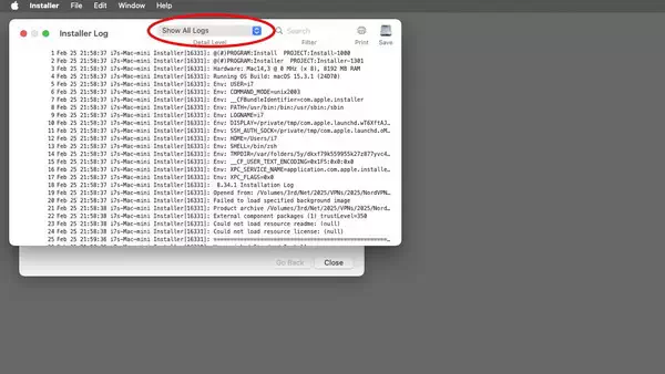 选择“Show All Logs（显示所有日志）”以查看安装过程中发生的所有事情